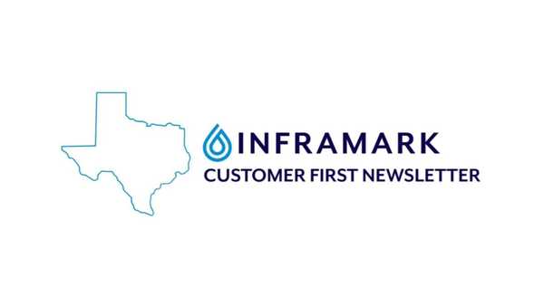 Inframark Customer First Newsletter logo featuring a blue outline of Texas, a water droplet icon, and the text “INFRAMARK CUSTOMER FIRST NEWSLETTER” in dark blue.