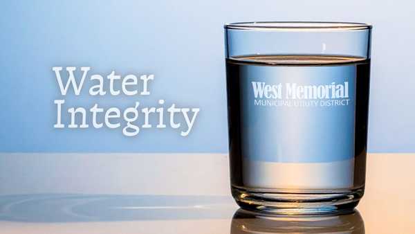 Glass of clear water with the West Memorial Municipal Utility District logo beside the words “Water Integrity,” symbolizing clean, reliable drinking water and quality assurance.